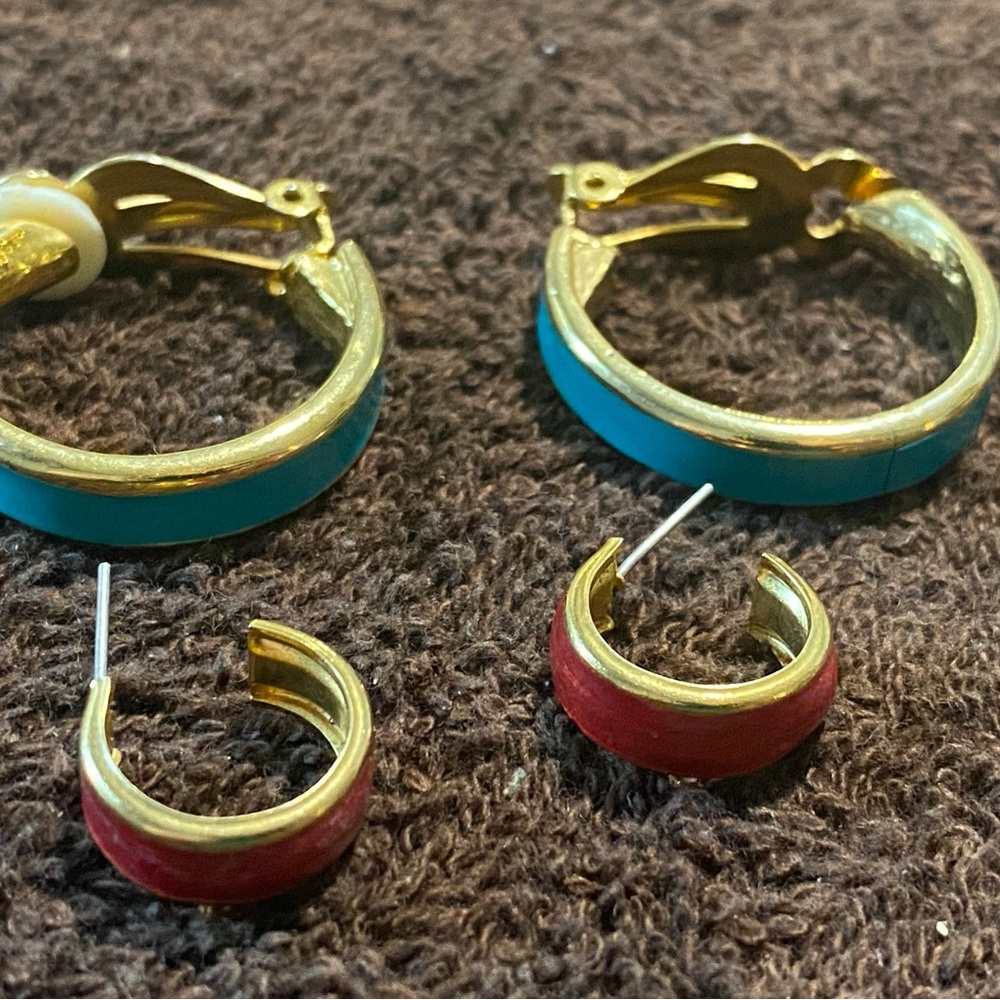 Gold tone and Red Hoop Earrings